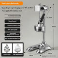 Stainless steel manual vertical juicer on a countertop, showing options for black, silver, orange, white, and electroplated finishes with pointed, flat, and double head tips.