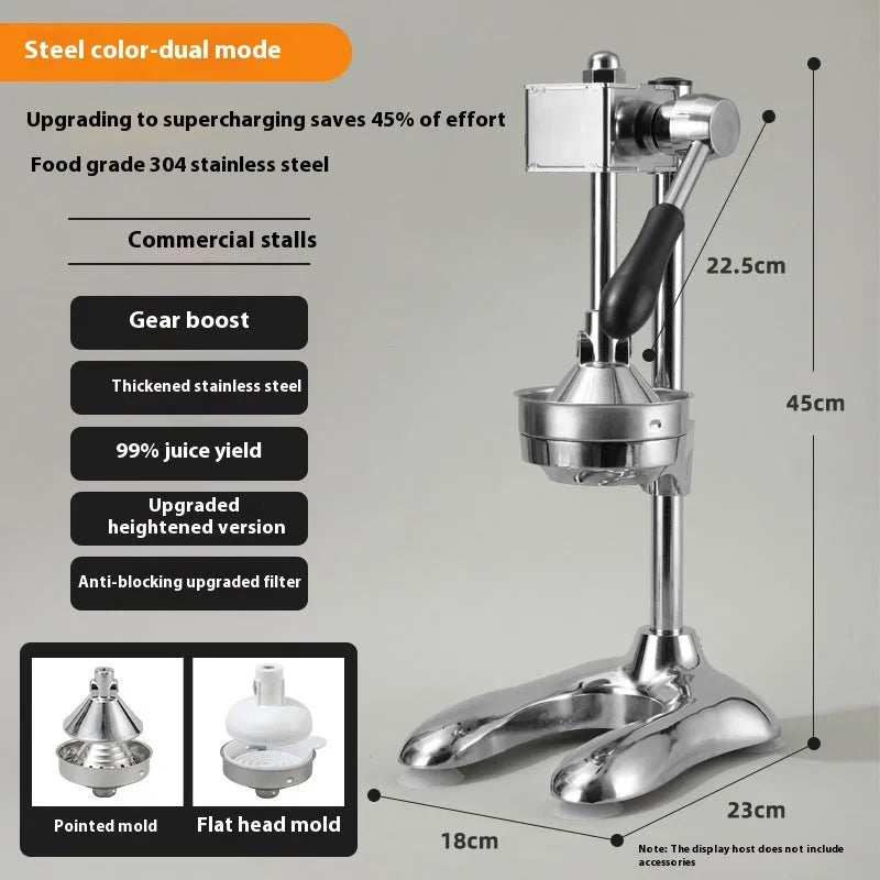 Stainless steel manual vertical juicer on a countertop, showing options for black, silver, orange, white, and electroplated finishes with pointed, flat, and double head tips.
