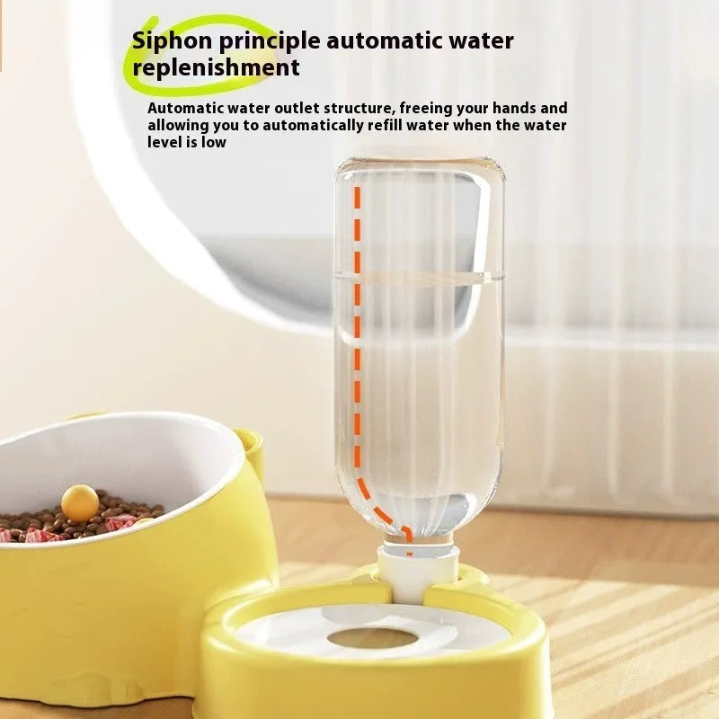 Double bowl automatic pet drinking fountain with stainless steel water reservoir and ceramic food compartments