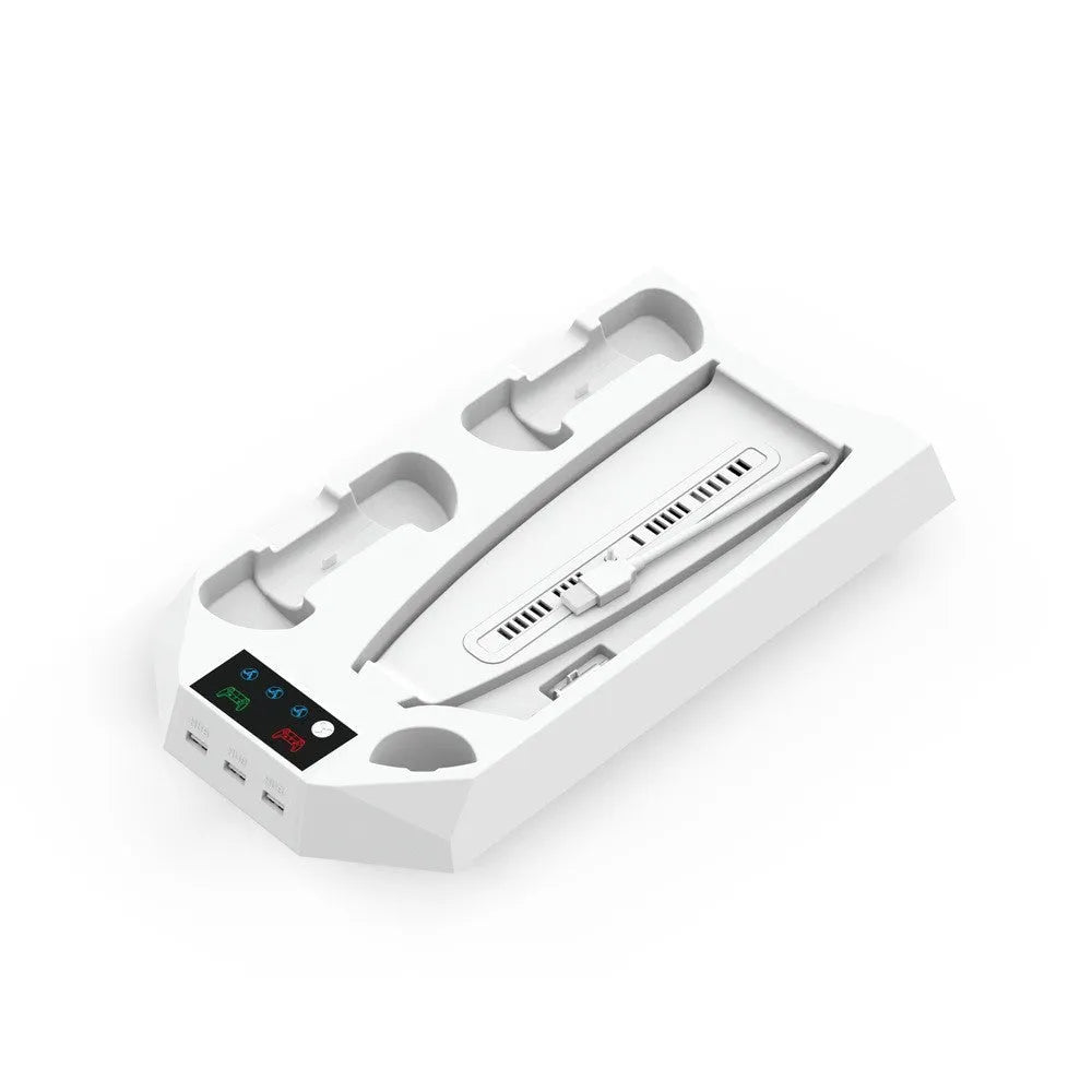 PS5 charging base radiator station in black or white with USB ports for controller charging and cooling functions