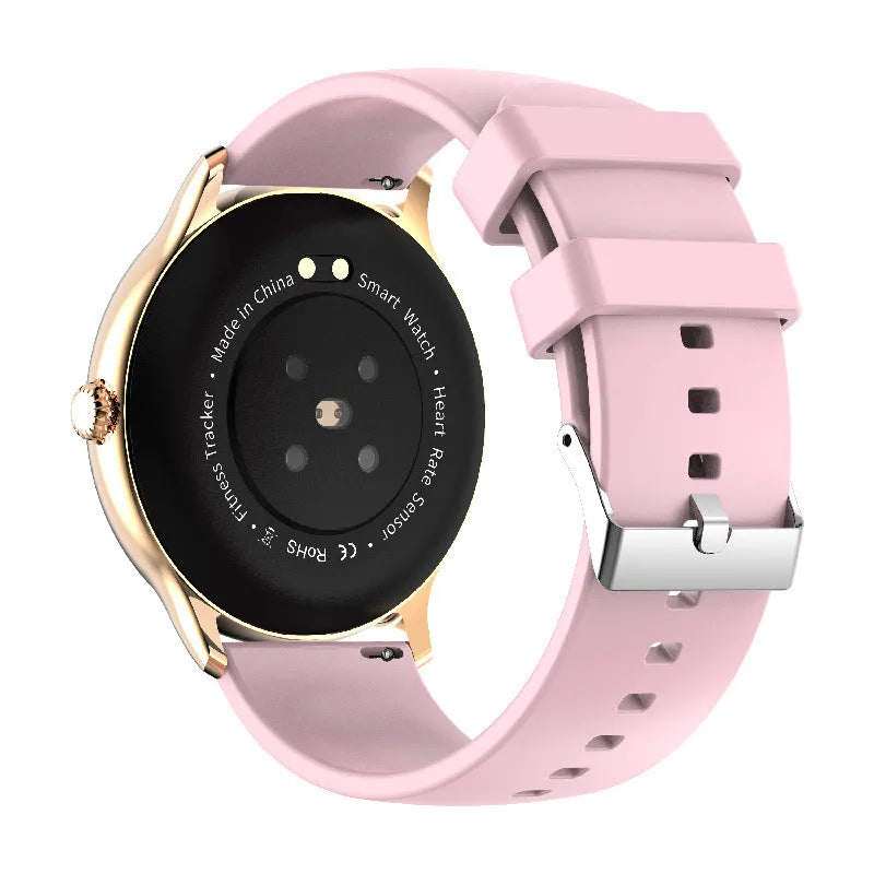 Smart watch with blood pressure monitoring on black silicone wristband showing touch screen display