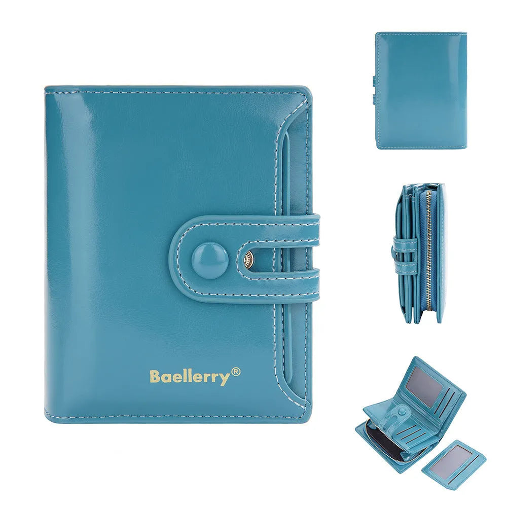 Women's PU leather card holder wallet showing colour options including lake water green and yellow brown