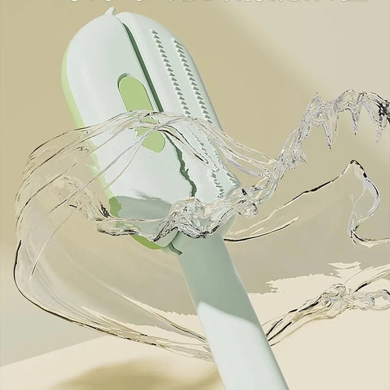 Blue plastic pet grooming comb with water tank for cats and dogs on a white background