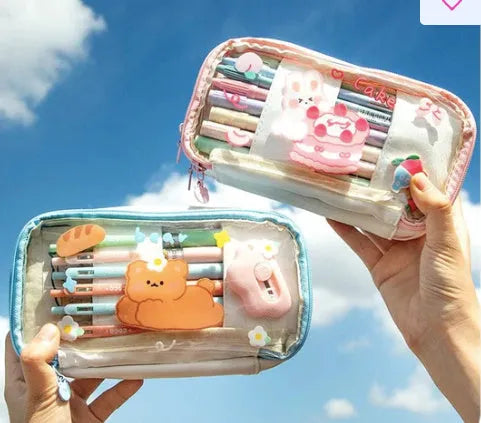 Transparent TPU pencil case with pink cake rabbit and red love rabbit designs for school stationery storage