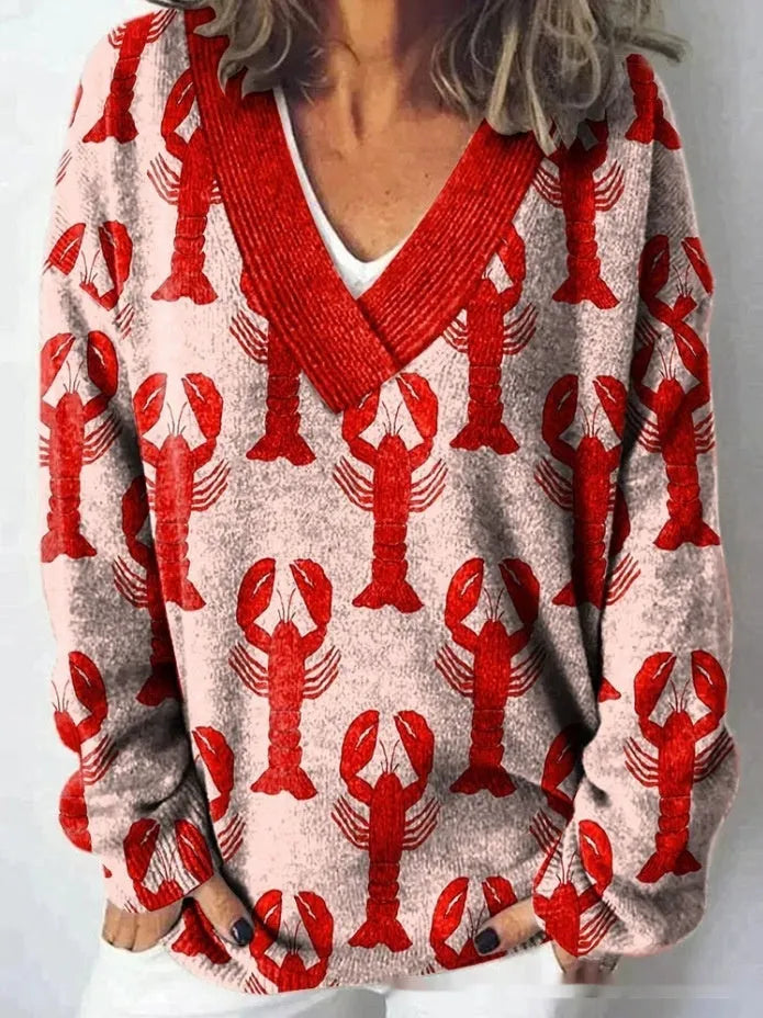 Women's V-neck long sleeve sweatshirt with a blue and white 3D floral print pattern.