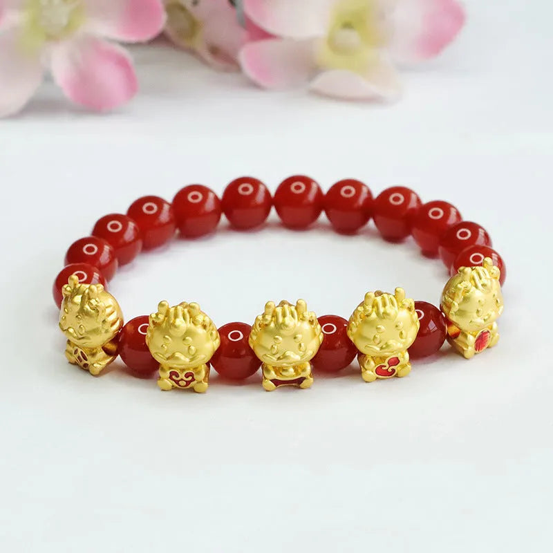 Red agate Five Blessing Dragon bracelet with 8mm beads, Chinese style.