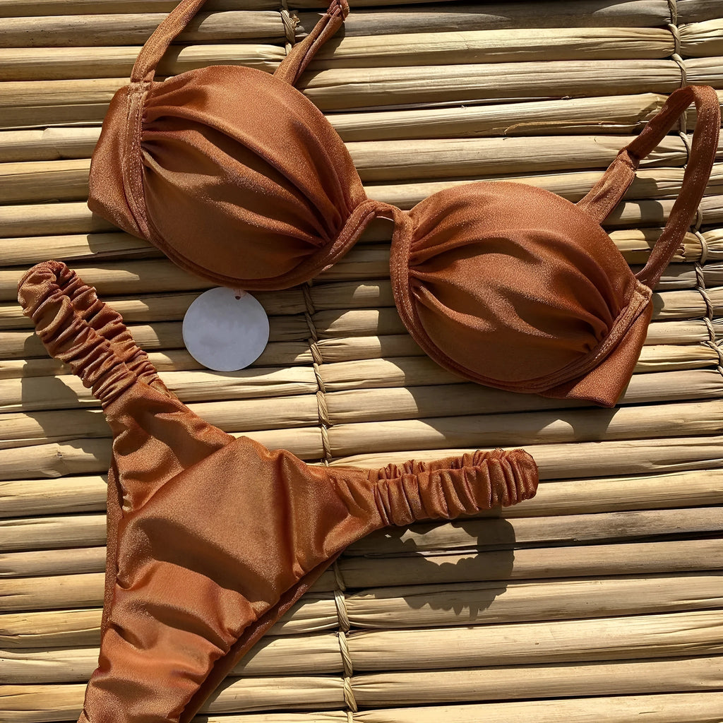 Women's underwire bikini swimsuit in black, khaki and white colours with European styling