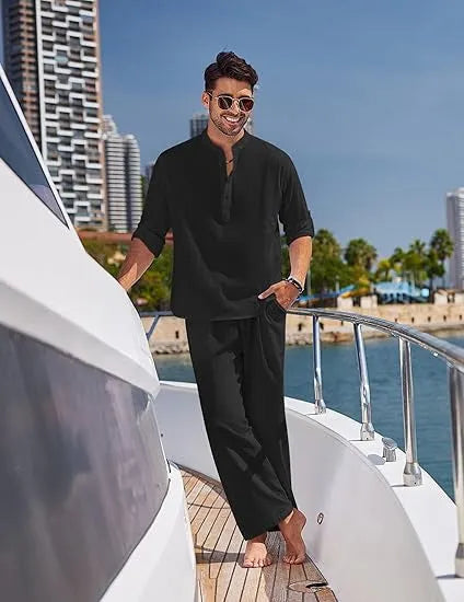 Men's casual cotton suit in a solid colour, featuring a long-sleeve top and trousers.