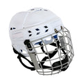 Ice hockey helmet with a carbon steel face mask, showing a black polypropylene shell and cushioned interior.