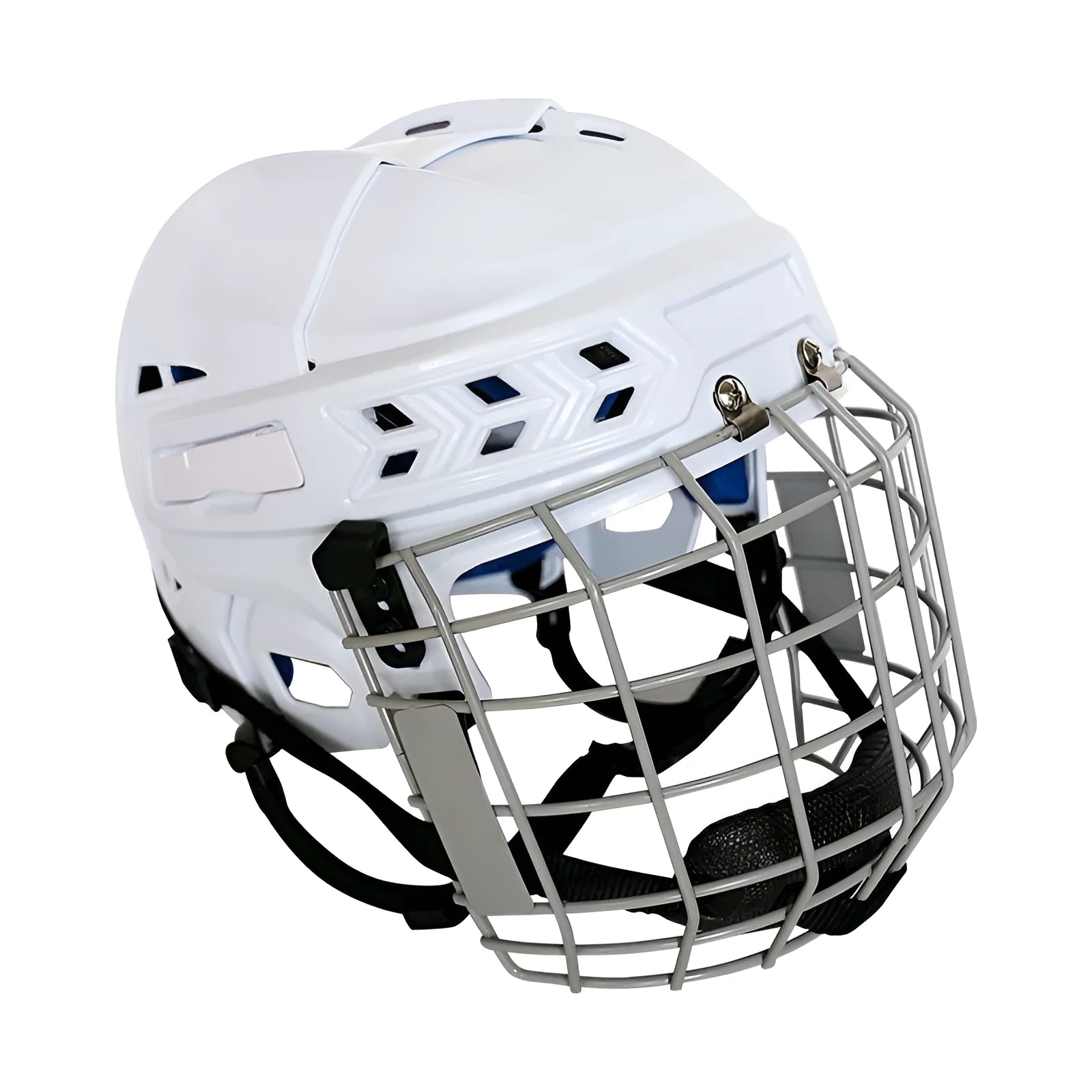 Ice hockey helmet with a carbon steel face mask, showing a black polypropylene shell and cushioned interior.