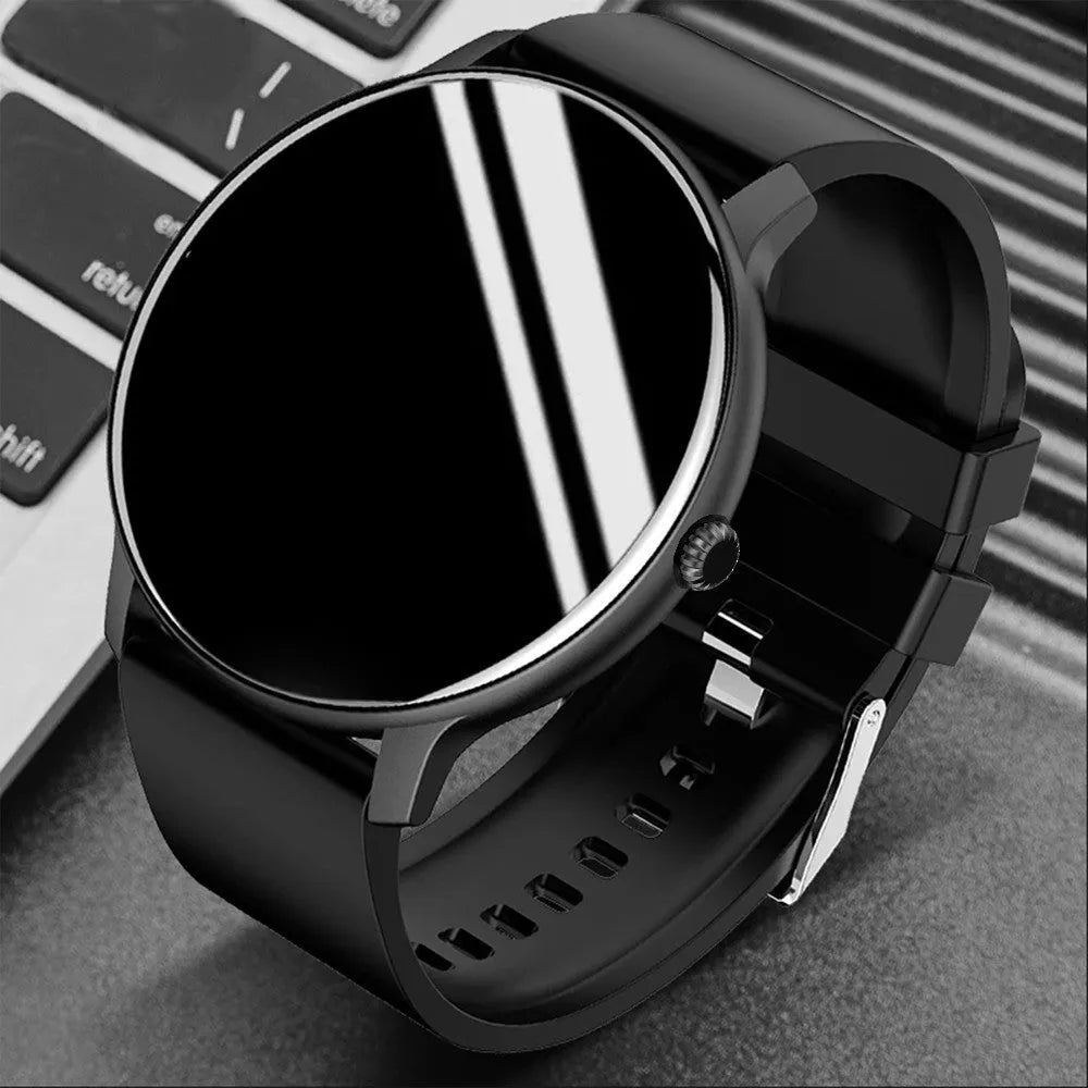 Smart watch with blood pressure monitoring on black silicone wristband showing touch screen display