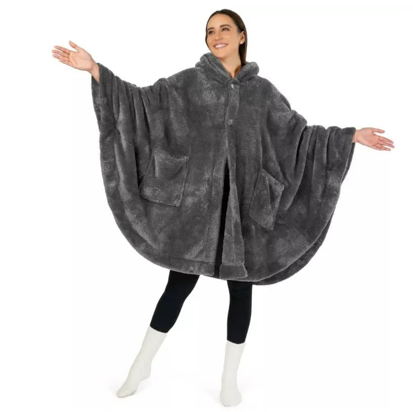 A hooded long sleeve bathrobe in super thick polyester fabric, shown in a cardigan style.