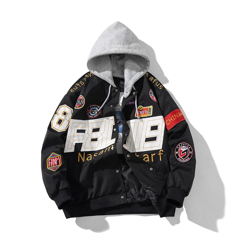 Black American motorcycle baseball jacket with side pockets, shown with detachable hood, for couple riding.