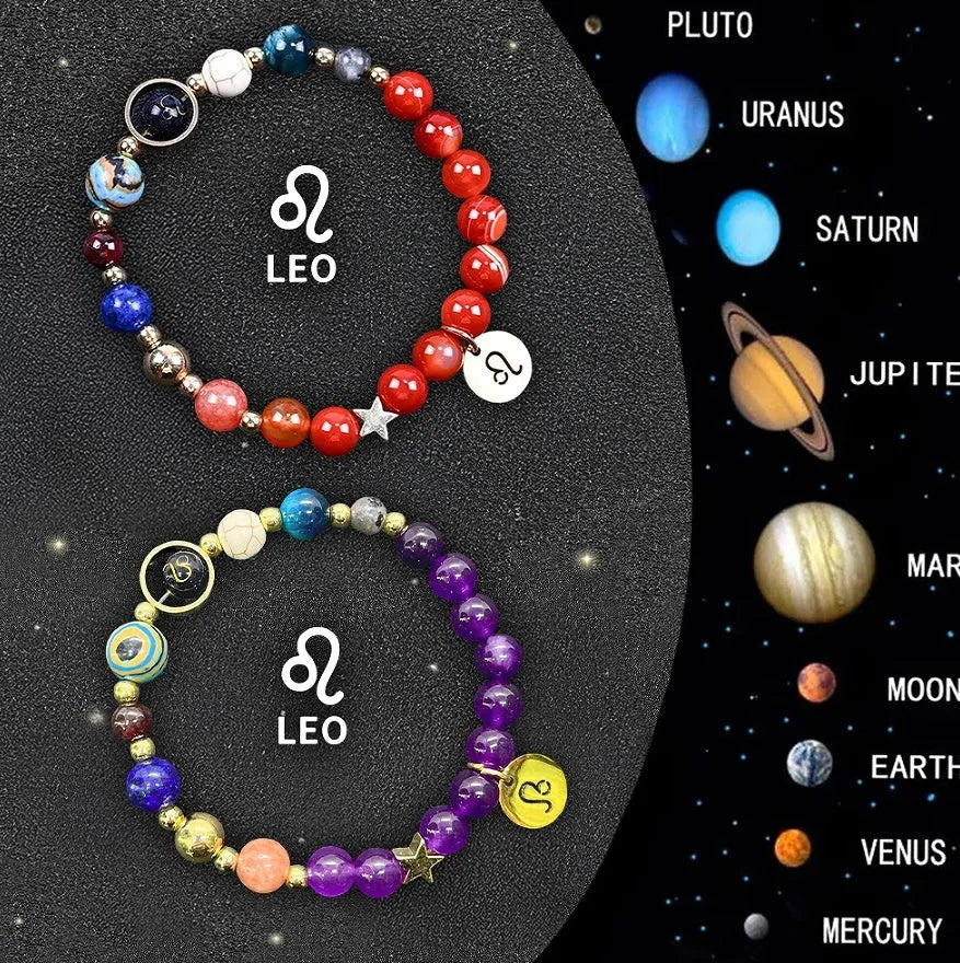 Natural stone beaded bracelets showing zodiac sign designs for all twelve star symbols