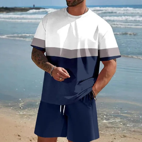 Men's loose-fit summer lounge suit set showing short-sleeved t-shirt and matching shorts in polyester fabric