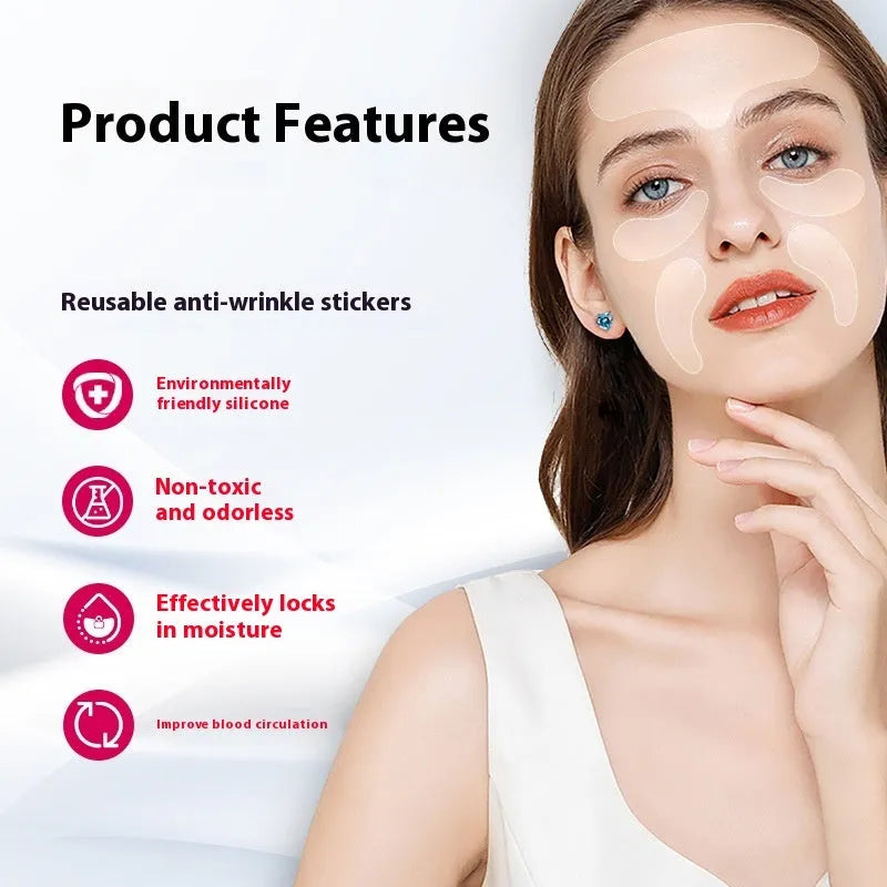 Five transparent silicone anti-wrinkle face stickers laid flat