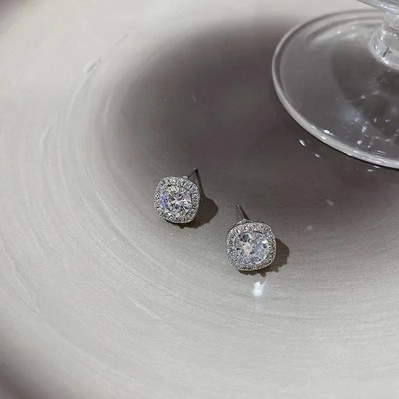 Women's square geometric diamond-effect earrings in silver and gold colour options