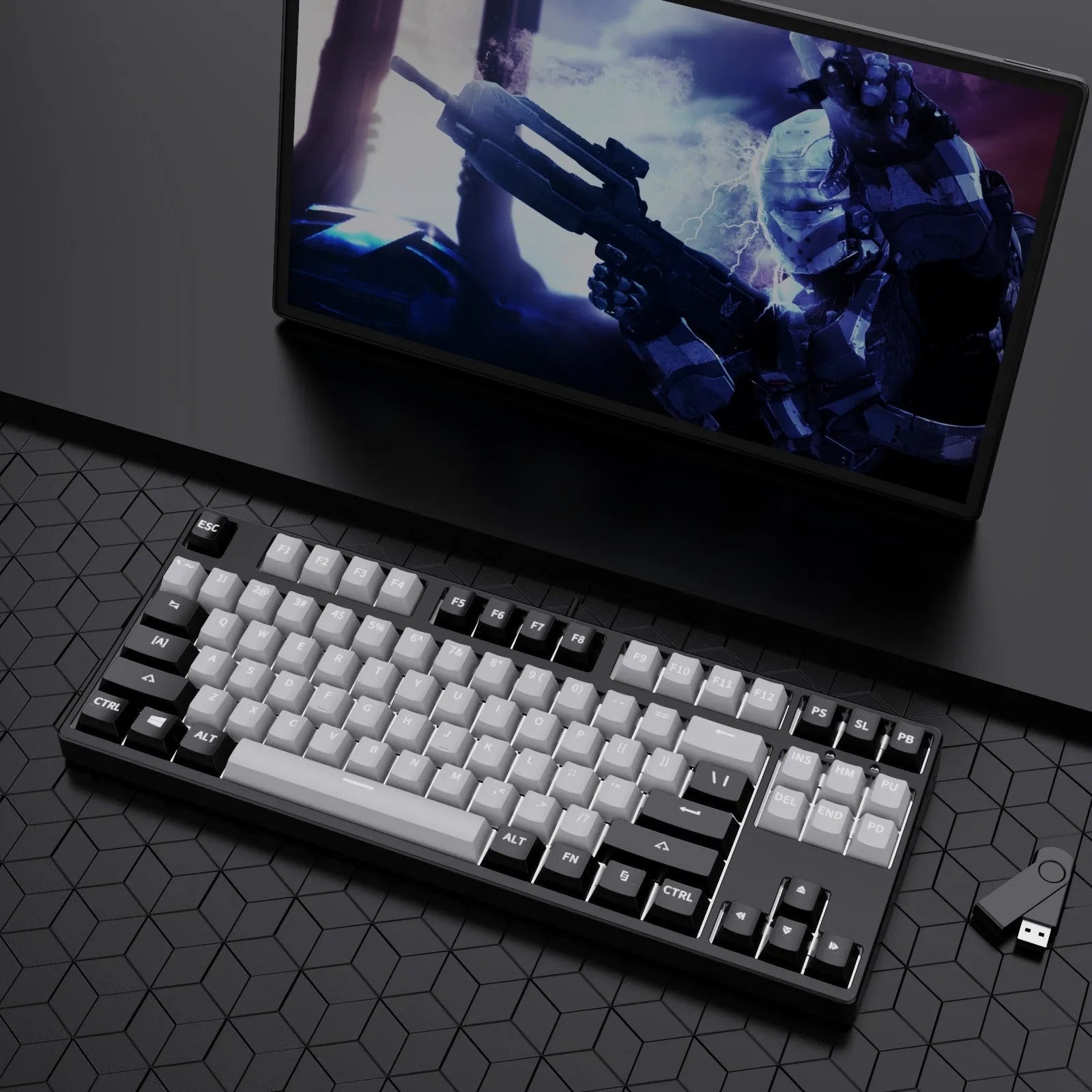 87-key wired mechanical keyboard with hot-swappable sockets showing colour options and included accessories