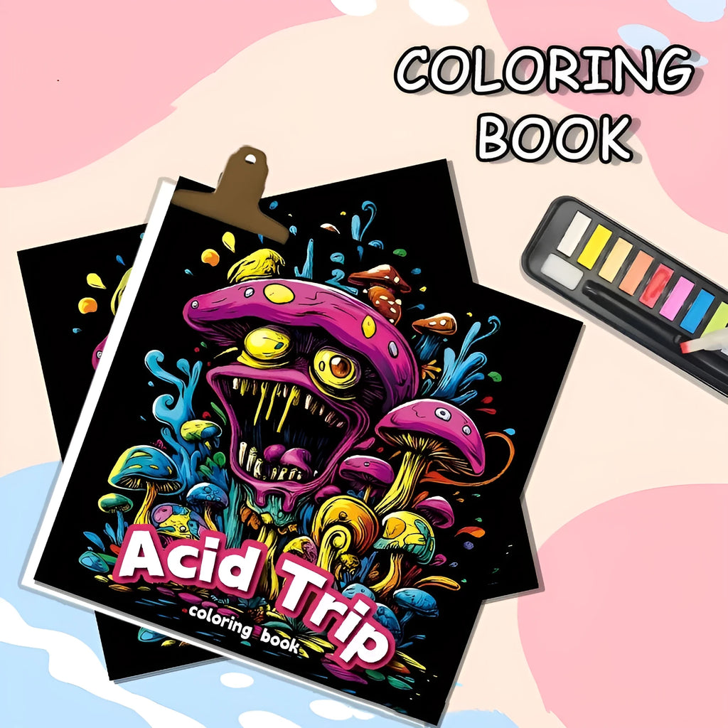 Acid tour coloured creative painting book showing 200mm length and paper pages.