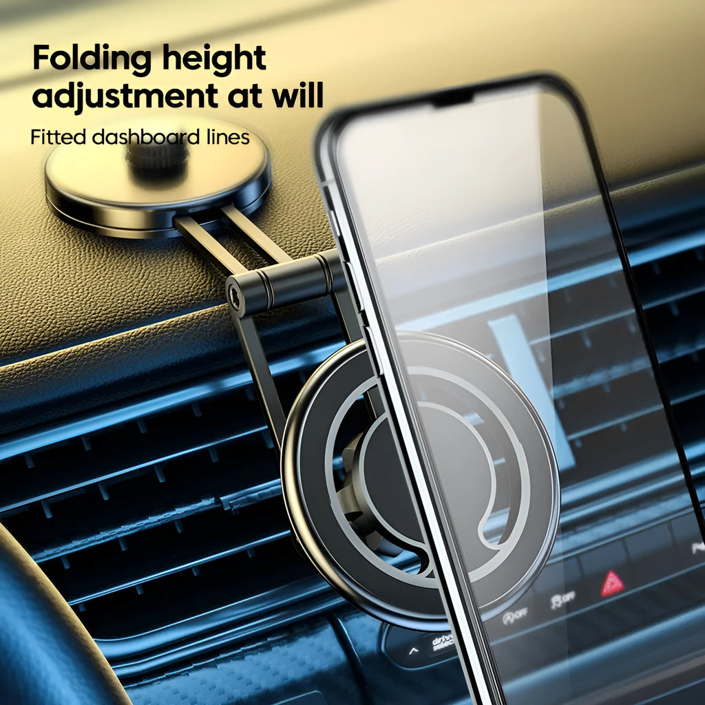 Telescopic folding car phone holder with magnetic suction mounting on instrument panel