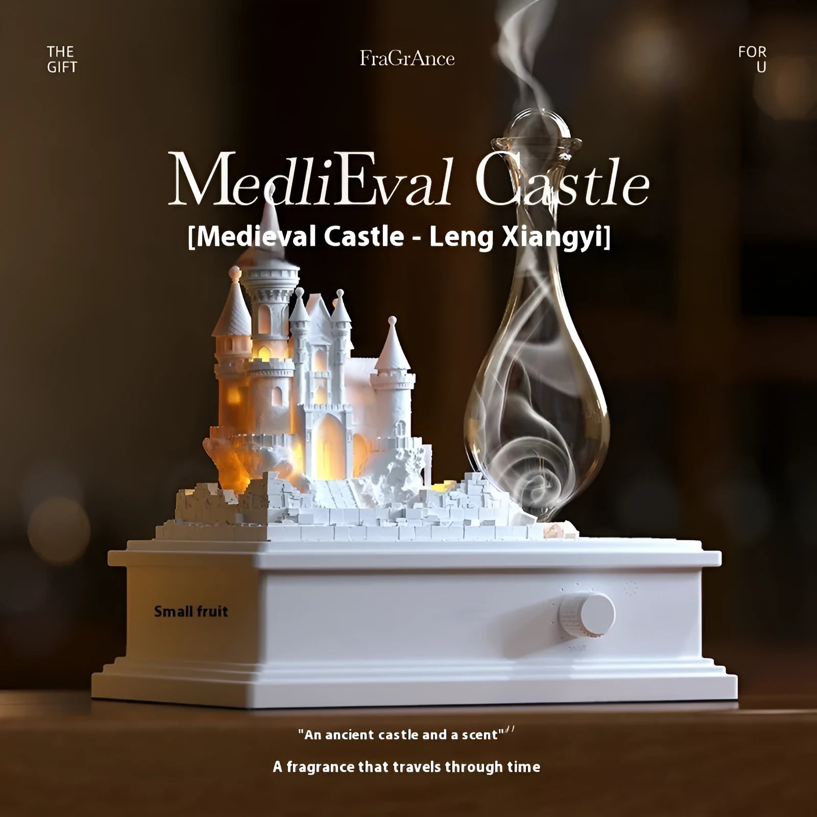 White medieval castle waterless aromatherapy machine with USB charging cable and essential oil