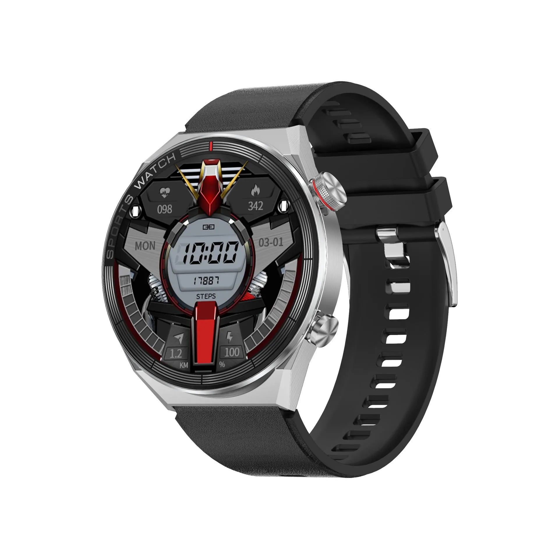 Black or silver smart watch with large 1.5 inch colour screen showing call interface, available with leather, silicone or steel straps