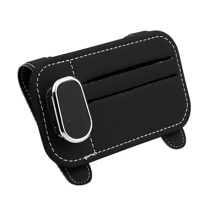 Car leather sunglasses holder with card storage in snap-on dashboard installation