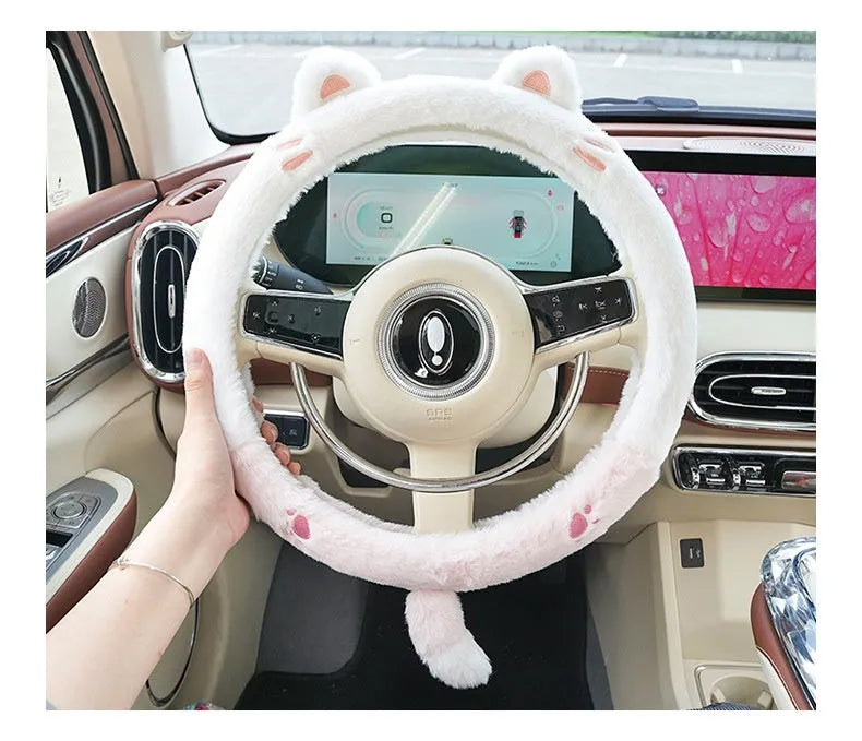 Plush rabbit fur steering wheel cover with animal embroidery for 38cm diameter winter use