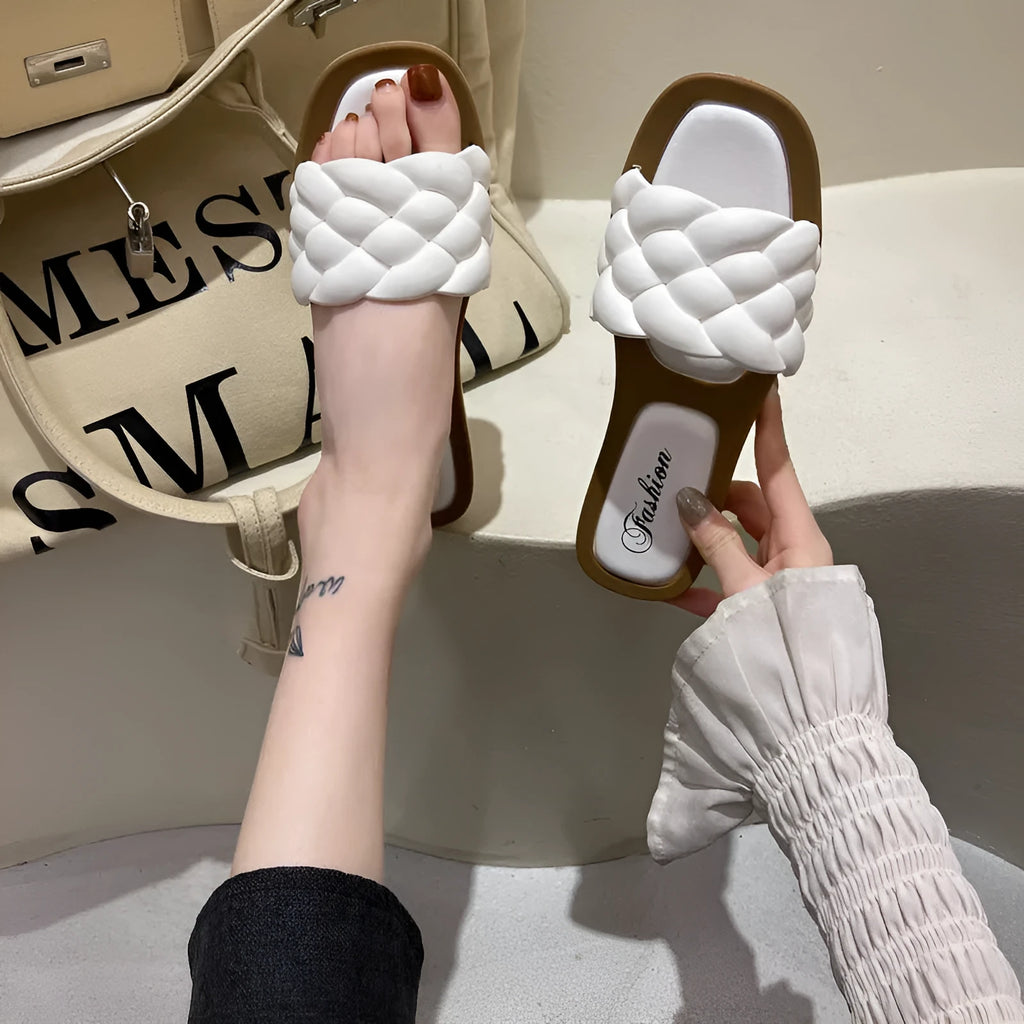 Women's plaid pattern PVC sandals with thick non-slip sole in black, on a white background.