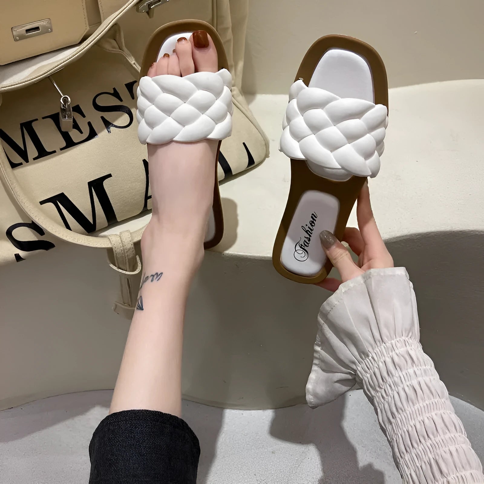 Women's plaid pattern PVC sandals with thick non-slip sole in black, on a white background.