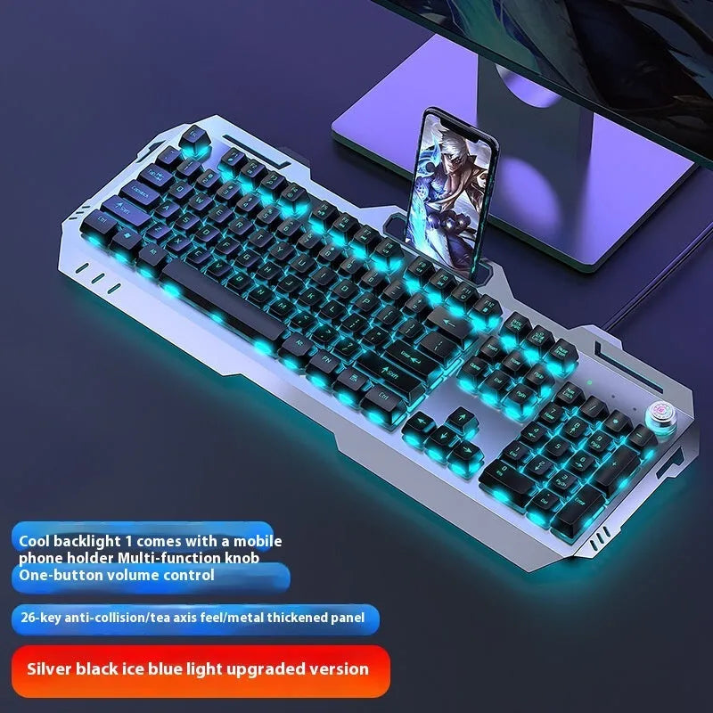 Aluminium mechanical-feel keyboard with control knob in silver black or metal grey colour with RGB lighting