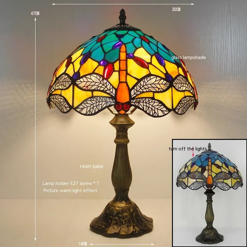 Stone table lamp with Tiffany-style dragonfly design in retro European style