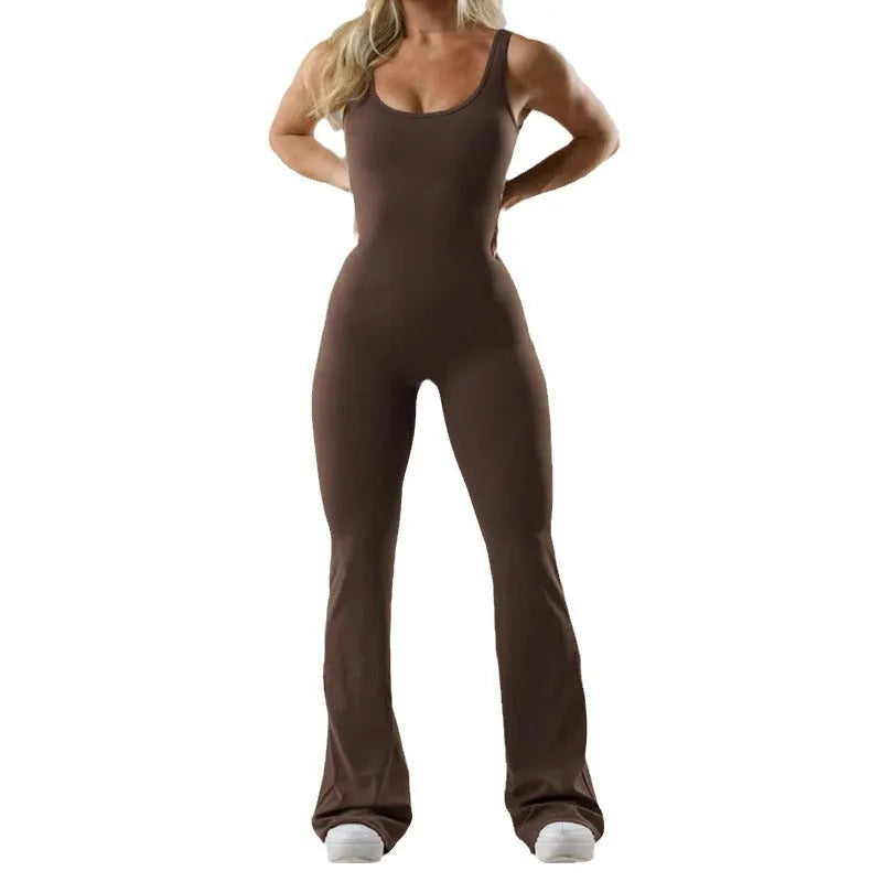 Women's tight yoga bodysuit jumpsuit in milk silk fabric with hollow seams and trousers length