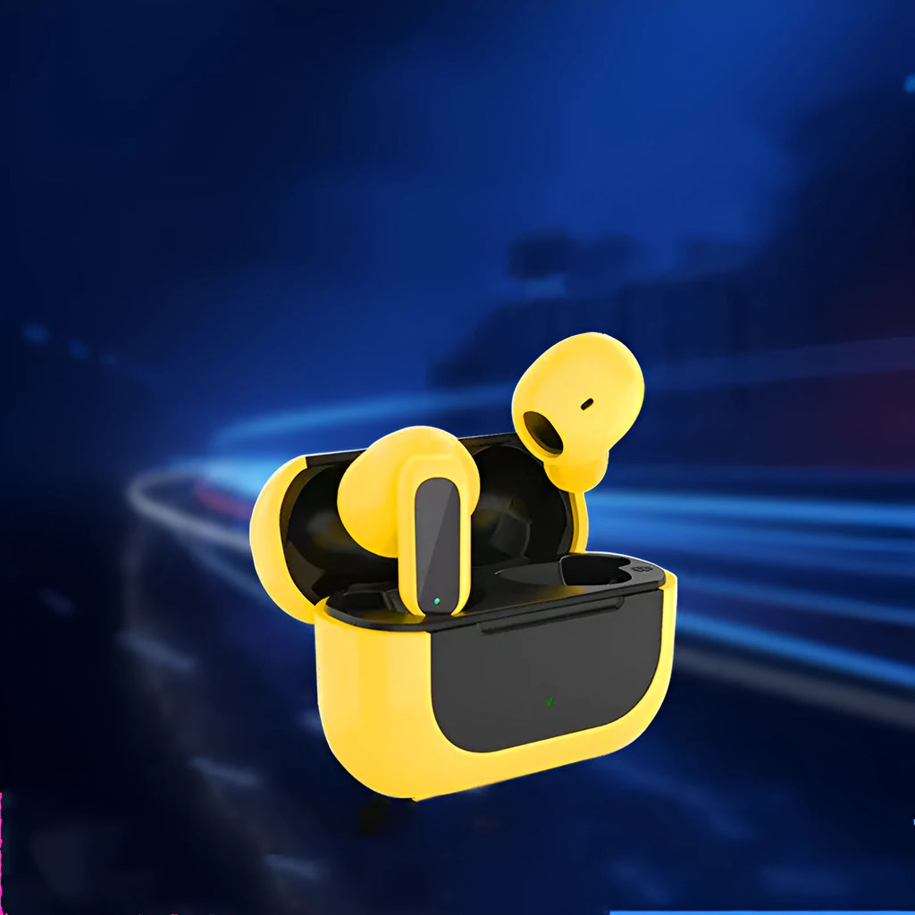 Yellow Jerry cartoon-themed wireless Bluetooth earplug headphones with a charging cable.