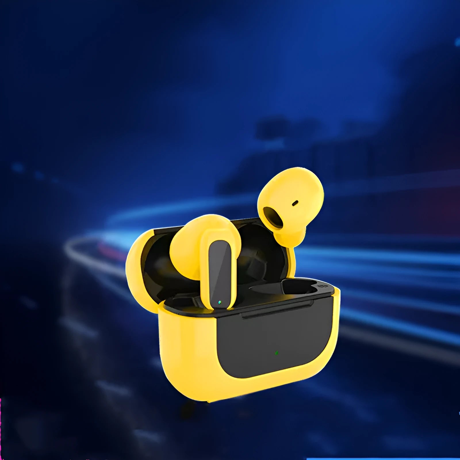 Yellow Jerry cartoon-themed wireless Bluetooth earplug headphones with a charging cable.