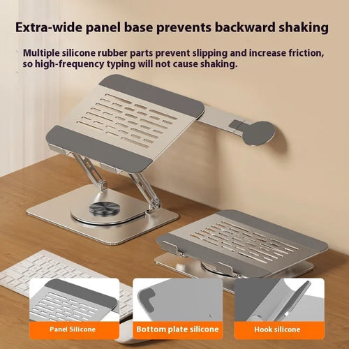 Silver carbon steel laptop stand with 360-degree rotation and a side-mounted magnetic phone holder.
