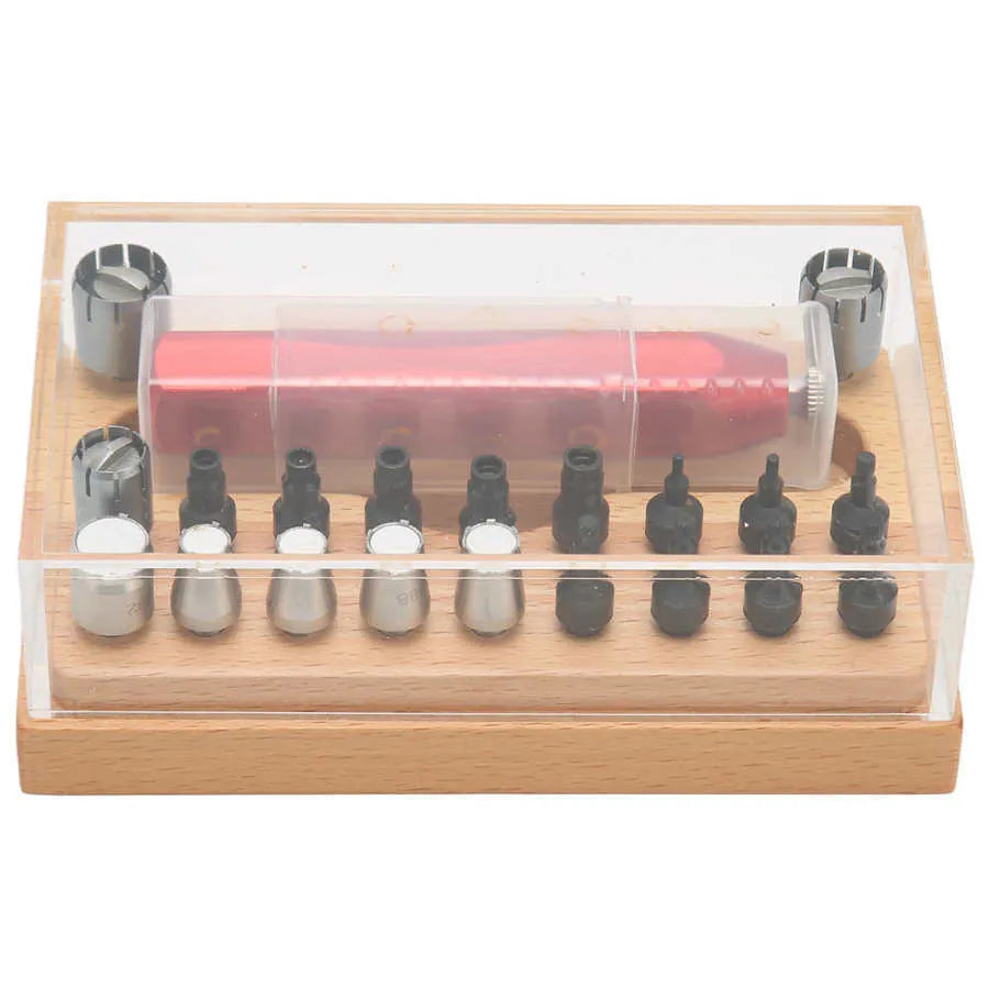 20-piece steel watch repair tool set with extractor tube opener in compact case