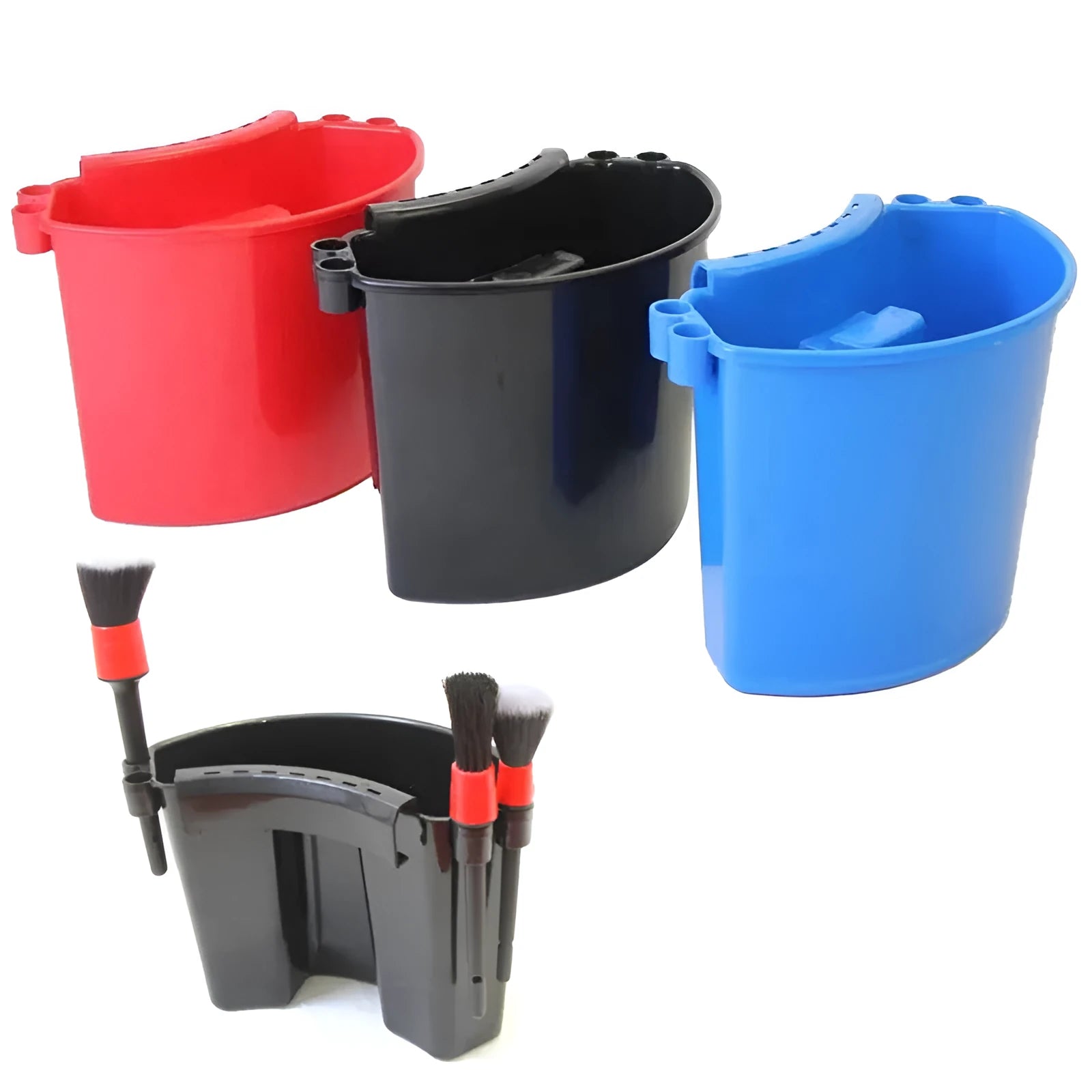 Dual-compartment car wash bucket in red with wash mitt compartments