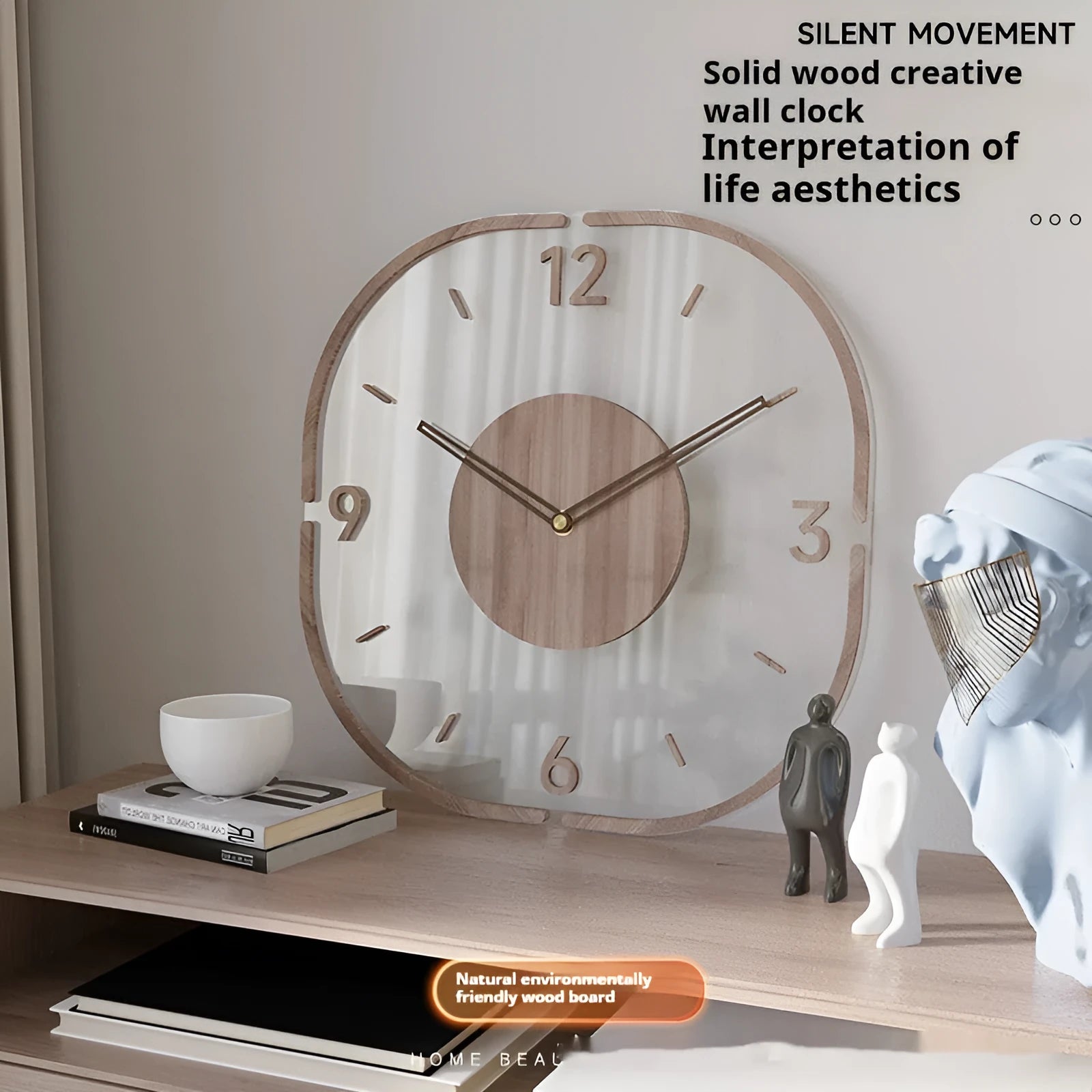 Transparent wooden frame wall clock showing modern design with 35cm square dimensions