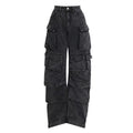 Women's blue tie-dyed high waist wide leg denim trousers with multiple pockets and elastic waistband