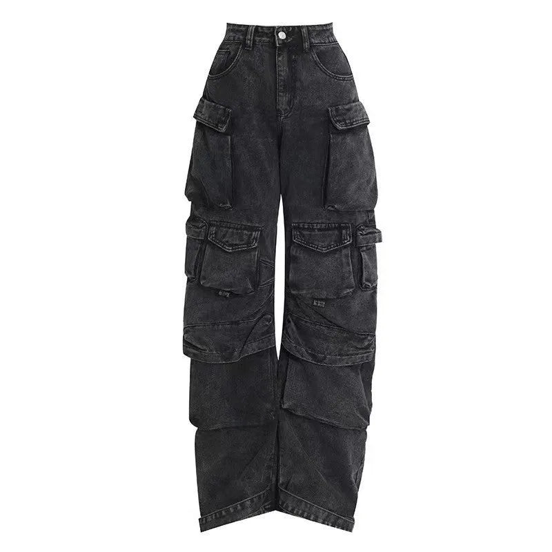 Women's blue tie-dyed high waist wide leg denim trousers with multiple pockets and elastic waistband
