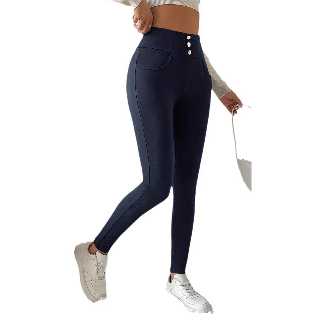 Women's navy blue high waist casual trousers with straight leg cut and Japanese Korean style