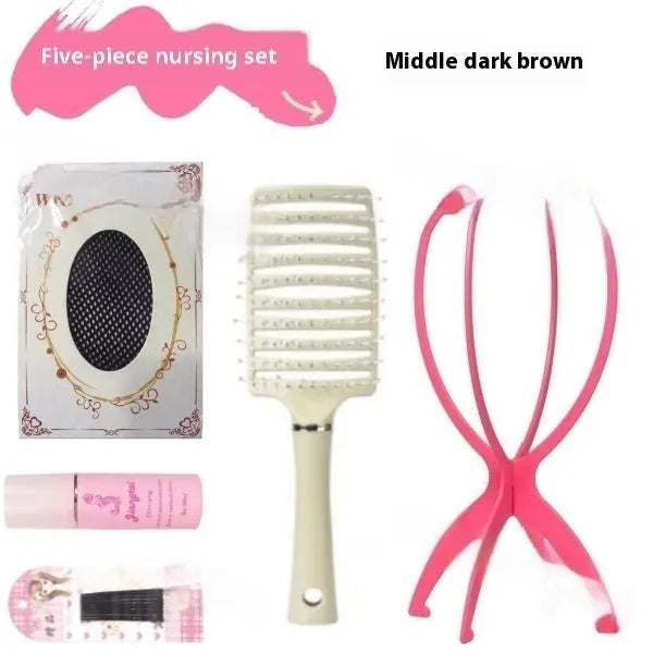 Full-head lace front wig with mid-length straight black hair displayed with styling accessories