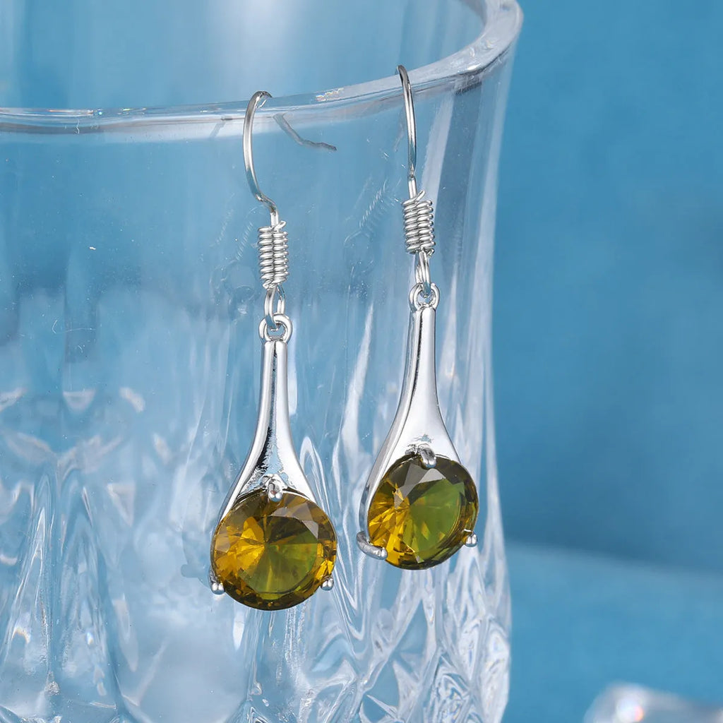 Olive green drop-shaped alloy earrings with minimalist design and electroplated finish