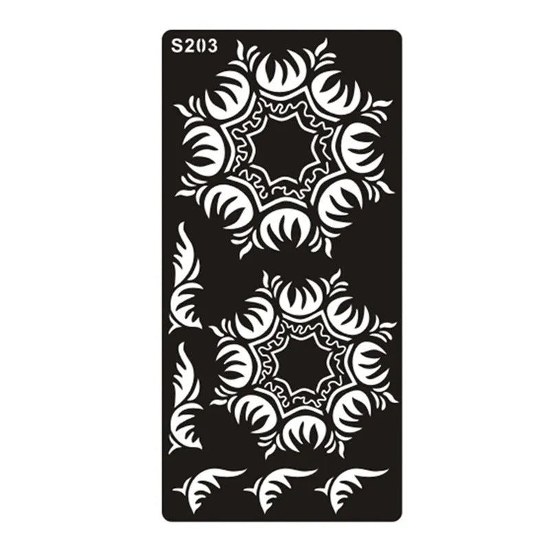 Sheet of hollow geometric and Southeast Asian style temporary tattoo templates on water transfer paper.