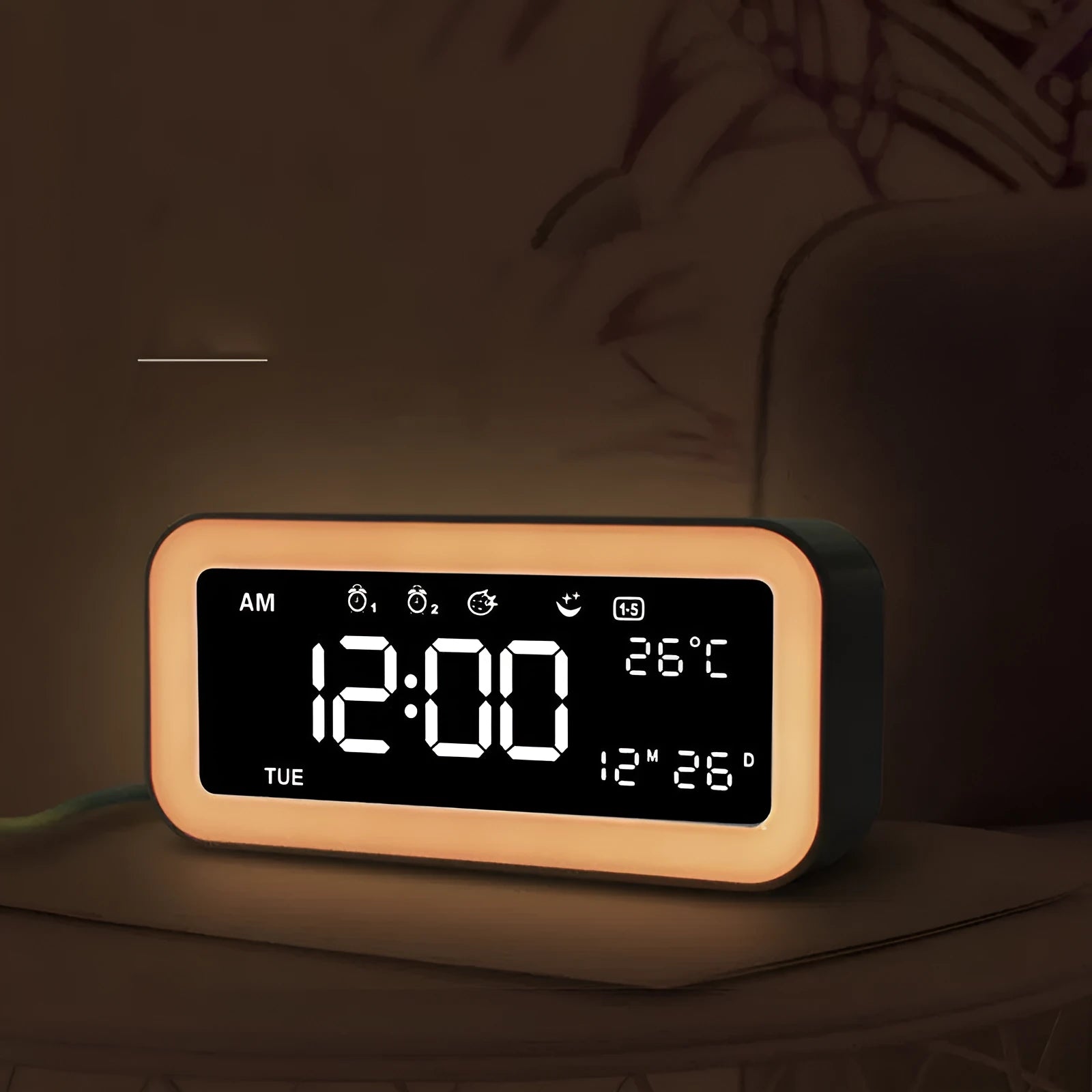Blue multifunctional LED atmosphere light alarm clock with digital display and rectangular design