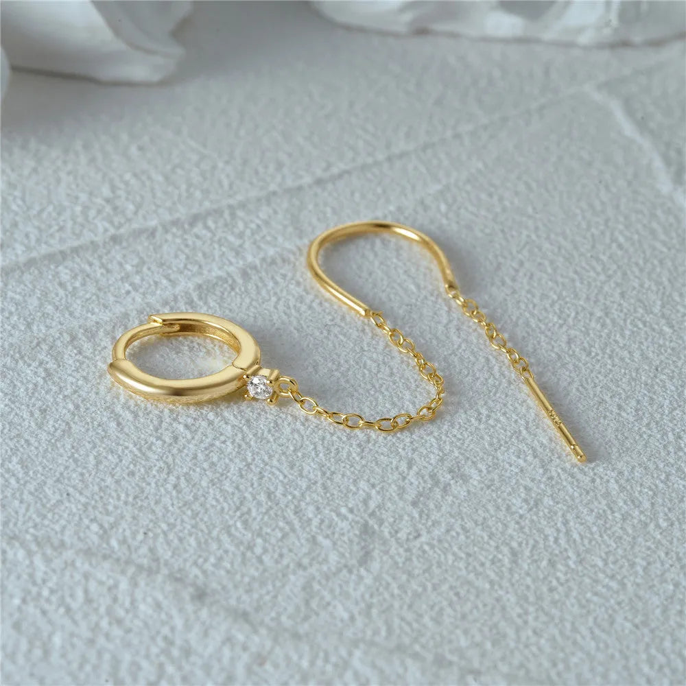 S925 sterling silver earrings with diamond flower tassel chain design and golden electroplated finish