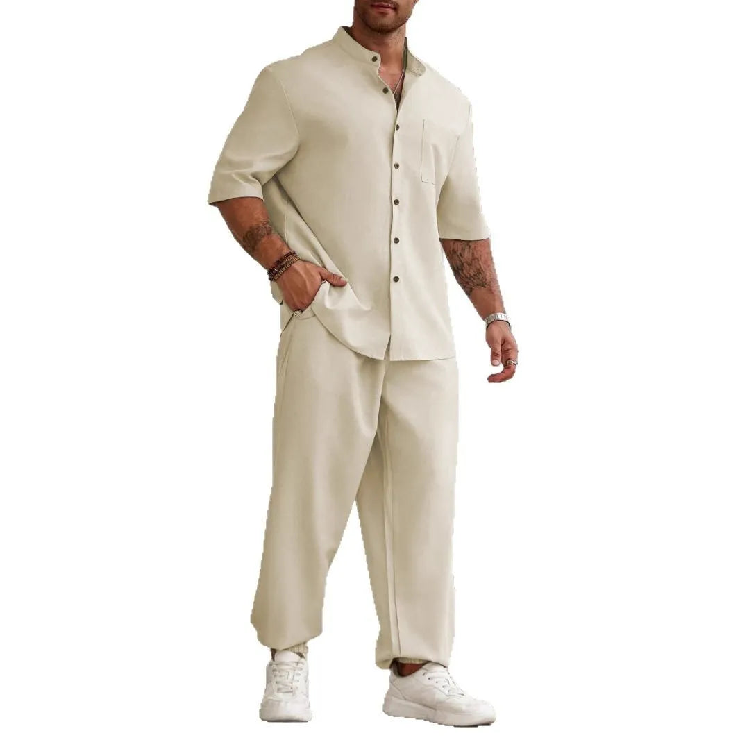 Men's casual apricot-coloured cotton linen short-sleeve shirt and trouser set laid flat.