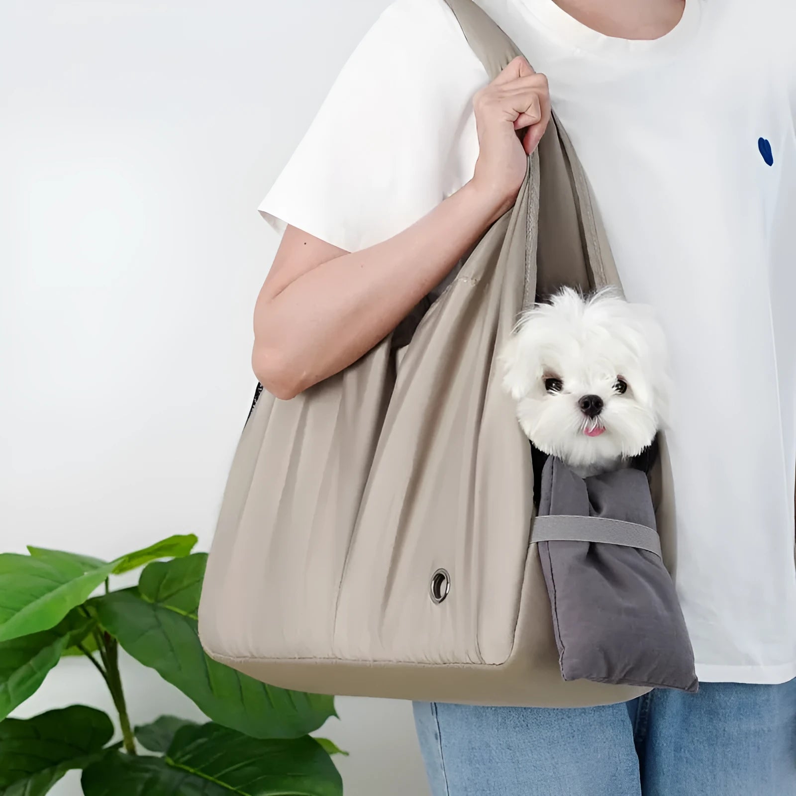 Apricot cloth pet handbag measuring 41x16x28cm with carry handles for outdoor summer use
