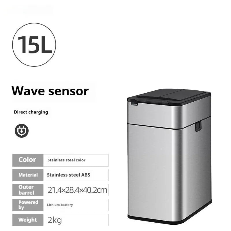 Stainless steel smart inductive trash can with square shape available in multiple sizes for kitchen and office